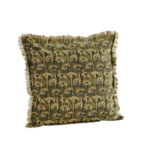 Coussin Coton Imprime Fleuri Vert Franges Madam Stoltz