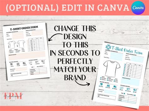 Custom Tshirt Order Form Editable Template, T-shirt Order Forms for