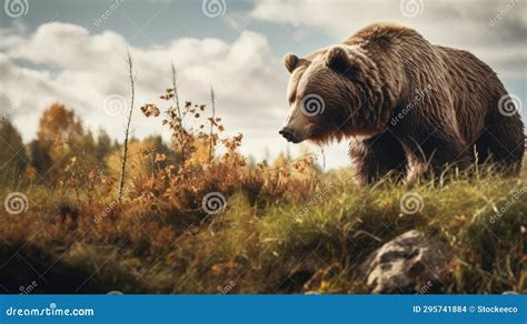 Grizzly Bear Grazing In Unreal Engine 5 Stunning Autumn Landscape Stock