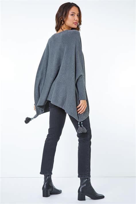 Sparkle Embellished Tassel Poncho In Charcoal Roman Originals UK