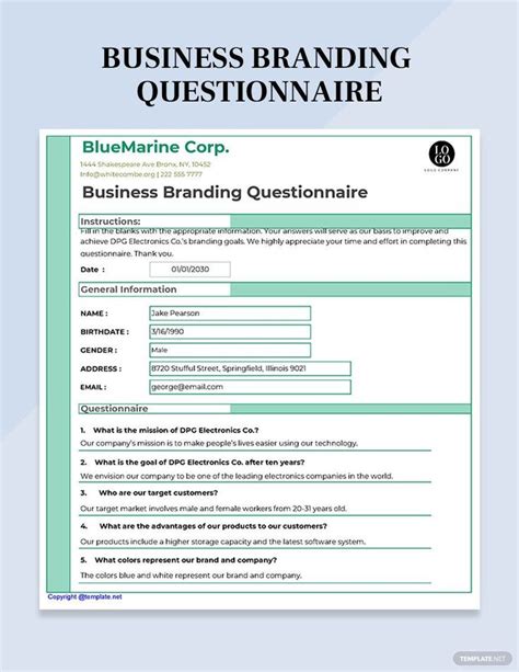 Business Branding Questionnaire In Word Pdf Google Docs Excel