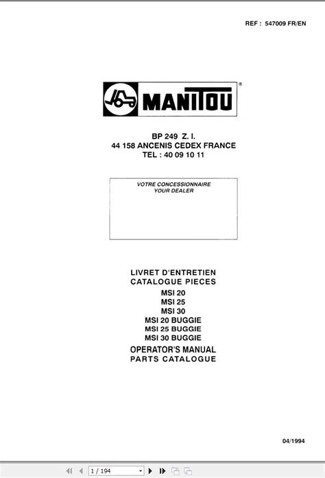 Manitou Forklift MSI20 To MSI30 BUGGIE Operator Parts Manual 547009