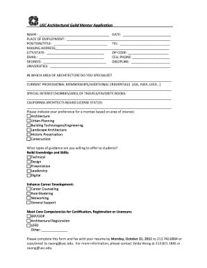 Fillable Online Arch Pubs Usc ProfMentor Application Fax Email Print