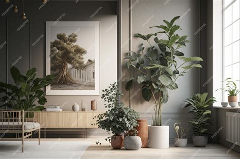 Premium AI Image | A living room with a plant on the wall and a painting on the wall.