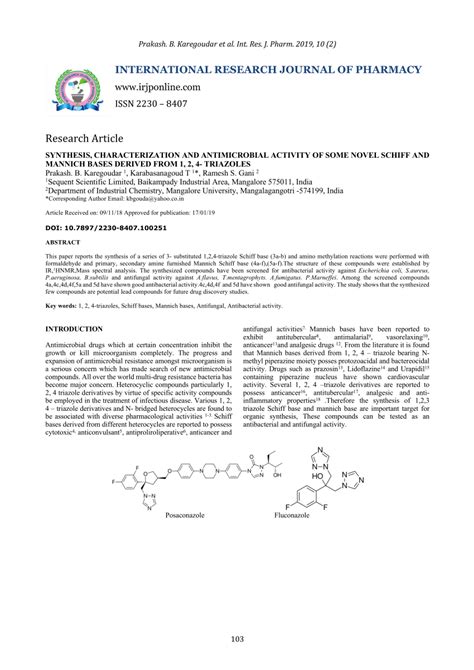 Pdf Synthesis Characterization And Antimicrobial Activity Of Some Novel Schiff And Mannich