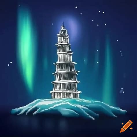 Anime Style Illustration Of Tower Of Babel With Sea Waves And Aurora