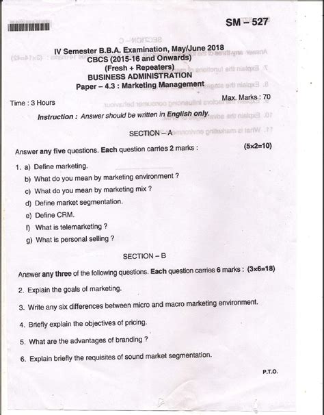 Bangalore University B B A Business Administration Paper