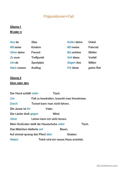 Präpositionen Fall allgemein Deutsch DAF Arbeitsblätter pdf doc