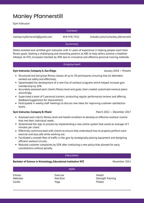 Gym Instructor Resume (CV) Example and Writing Guide