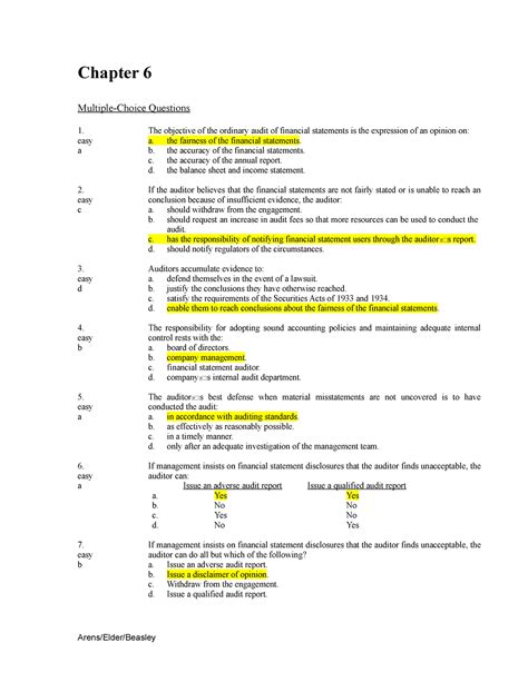 Auditing Theory Chapter 6 Multiple Choice Questions The Objective Of