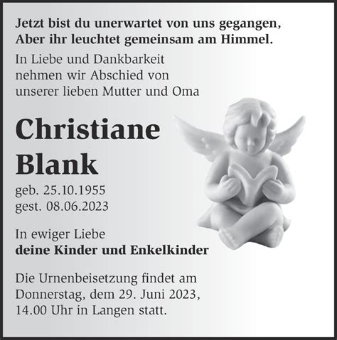 Traueranzeigen Von Christiane Blank M Rkische Onlinezeitung Trauerportal