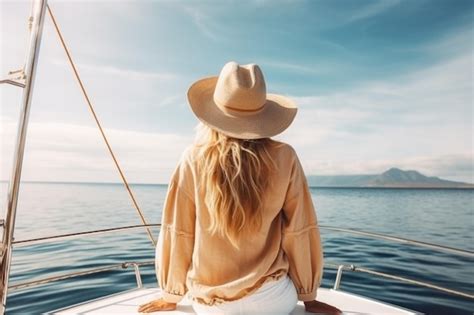 Premium Photo A Beautiful Blonde Woman With Hat Sits On A Yacht And Enjoys The Summer Holiday