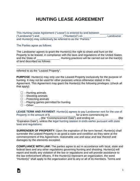 Free Hunting Lease Agreement Pdf Word Eforms