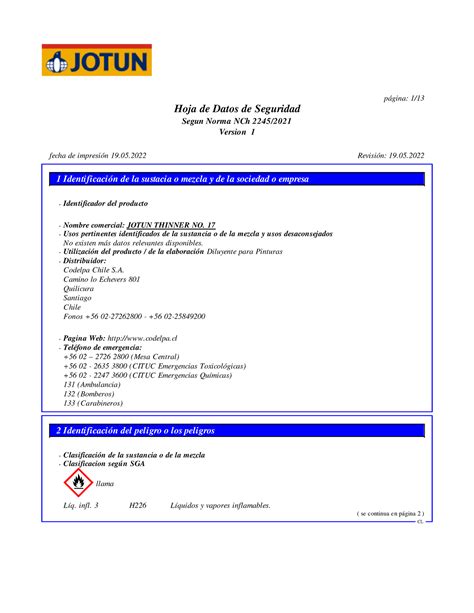 Jotun Thinner Ndeg Hds Hoja De Datos De Seguridad Segun Norma