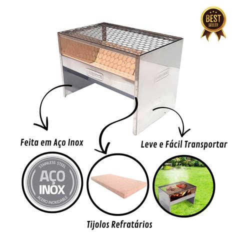 Churrasqueira de Inox Pequena Portatil Tijolo Refratário Laurindos