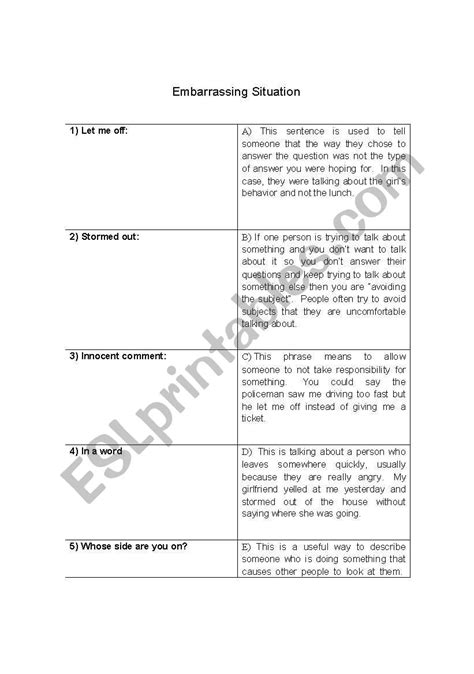 Slang Embarrassing Situation Match The Words And Explanations Vocab