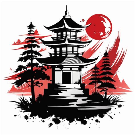 Un dibujo en blanco y negro de una pagoda con árboles y una luna roja