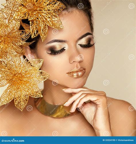 Eye Makeup Beautiful Girl With Golden Flowers Beauty Model Woman Face