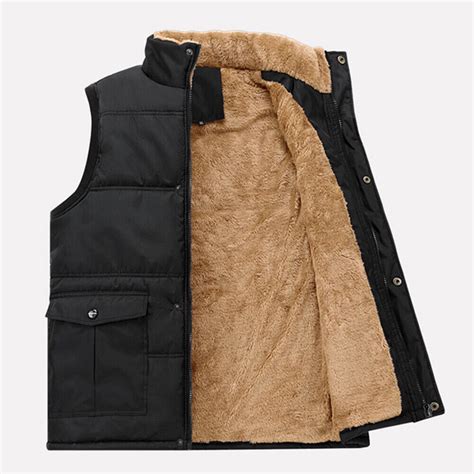 Mens Fleece Fur Lined Waistcoat Multi Pocket Utility Vest Jacket