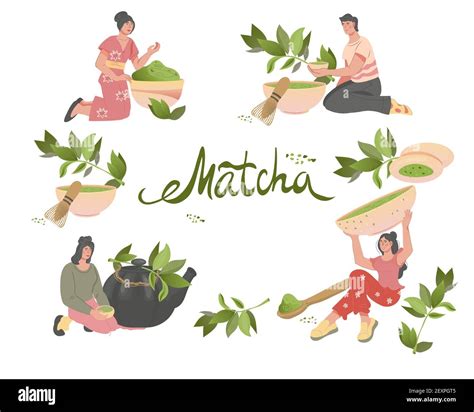 Big Set With People Drinking Matcha Green Tea Flat Vector Illustration