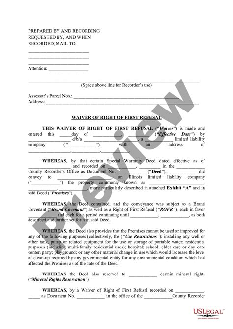 Naperville Illinois Waiver Of Right Of First Refusal Waiver Of Right Of First Refusal Template