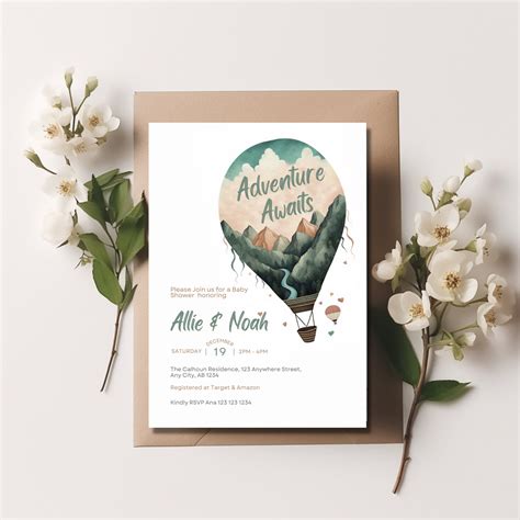 Hot Air Balloon Baby Shower Invitation Adventure Awaits Invite Travel Baby Shower Invitation