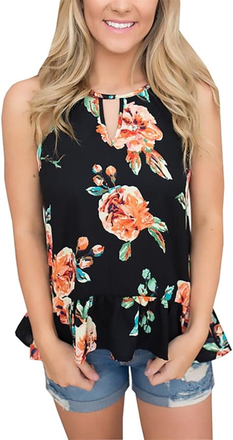 Damen Tank Top Elegant Sommer Blumen Muster Print Rüschen Rundkragen