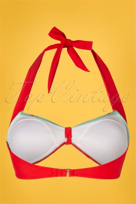 Banned Retro Lobster Halter Bikini Top Années en Vert Sauge et Rouge Acheter chez Topvintage