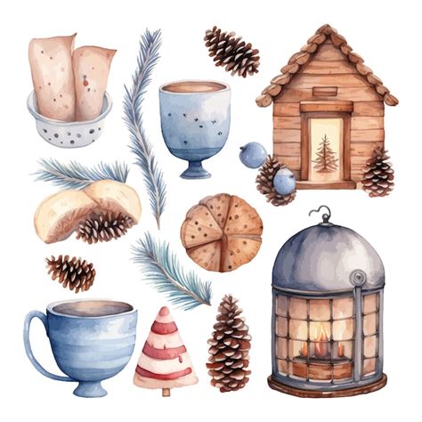 Watercolor Set Clipart Cozy Winter Hygge Candle Cone Cookies Garlands