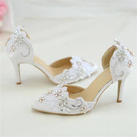 Elegant White Lace Flower Wedding Shoes 2020 Rhinestone 8 Cm Stiletto Heels Pointed Toe Wedding