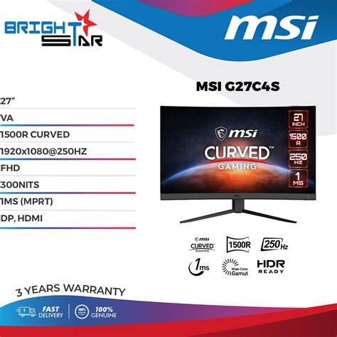 Msi 27 G27c4x Va 250hz Fhd 1500r Curved Gaming Monitor Lazada