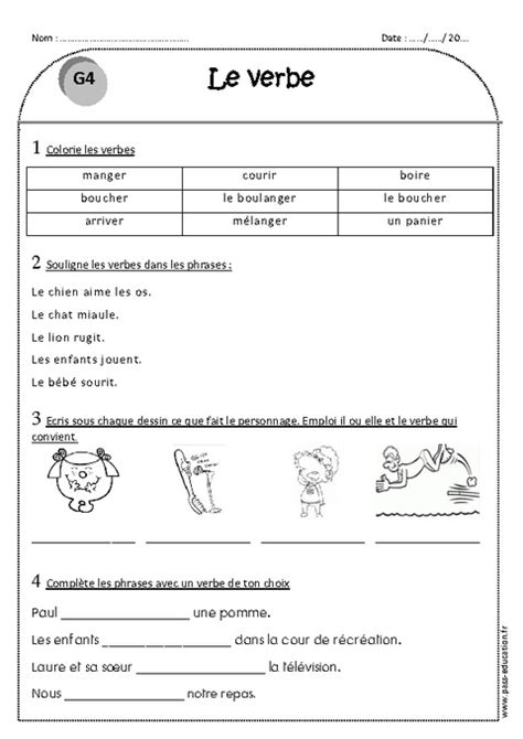 Verbe Ce1 Exercices à imprimer Pass Education