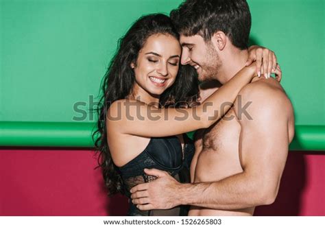 Happy Girl Black Lingerie Hugging Shirtless Stock Photo 1526265803 Shutterstock