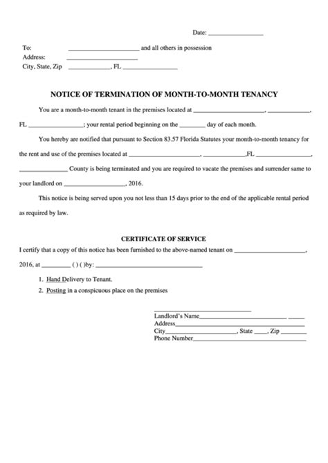 Notice Of Termination Of Month To Month Tenancy Printable Pdf Download