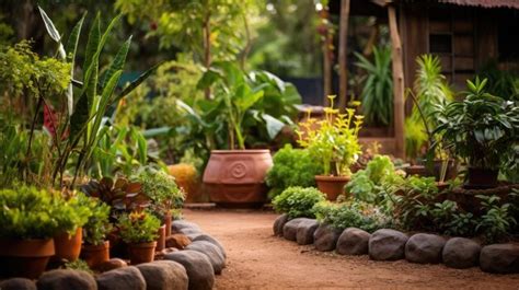 Premium AI Image Lush Garden Pathway With Diverse Potted Plants