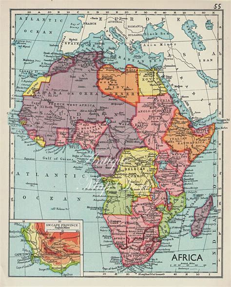 Medium detailed Map of AFRICA 1930s atlas antique map congo