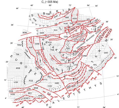 Palinspastic Map For The Beginning Of The Late Carboniferous 305 Ma