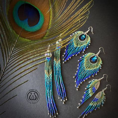 Peacock Feather Earrings Beaded Peacock Feather Feather Etsy España