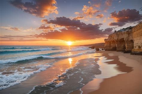 Premium AI Image | Landscape of a beautiful sunset reflecting on sea from the beach in portugal ...