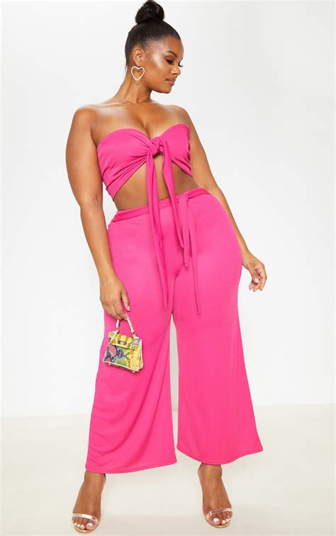 Plus Hot Pink Tie Waist Culotte Plus Size Prettylittlething Ca