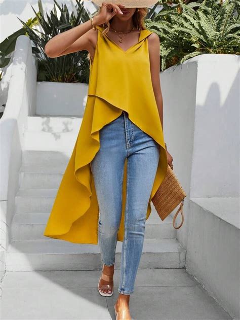 Asymmetric Hem Asymmetrical Club Color Plain Tops Yellow Fashion