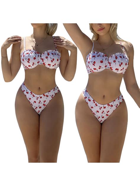 Mubineo Women Swim Bikini Suit Sleeveless Cherry Print Bra Swimming