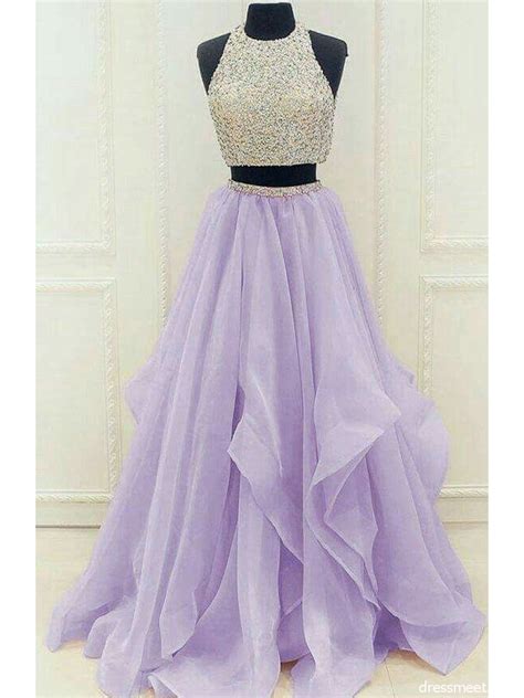 Fairy A Line Two Piece Round Neck Organza Lavender Long Prom Dresses