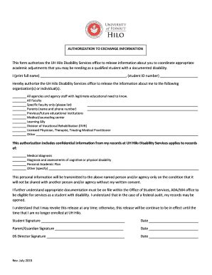 Fillable Online Hilo Hawaii This Form Authorizes The Uh Hilo Disability