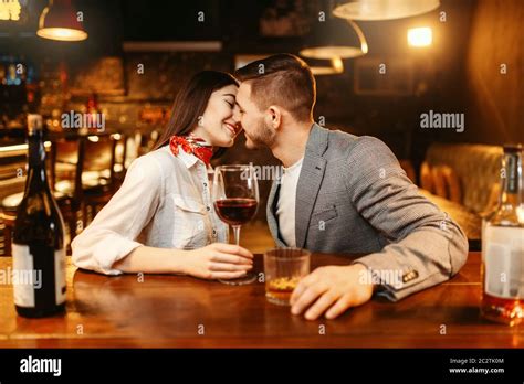 Romantic Evening In Bar Love Couple Kissing At Wooden Counter Lovers Leisures In Pub Husband