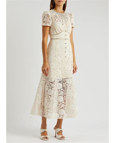 Self Portrait Crystal Embellished Lace Midi Dress In Natural Lyst