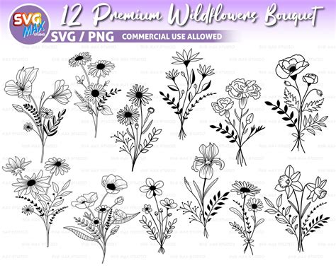 Floral Svg Botanical Clipart Wildflowers Svg Bouquet Svg Bundle Cutting