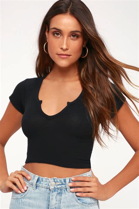 Cute Ribbed Top Black Crop Top Short Sleeve Crop Top Lulus