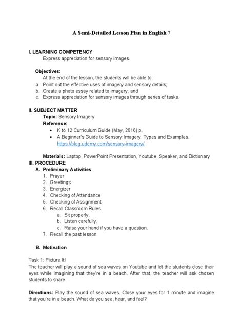 Lesson Plan English 7 Pdf Perception Lesson Plan