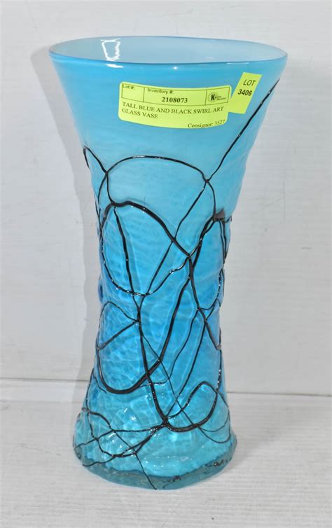 Tall Blue And Black Swirl Art Glass Vase